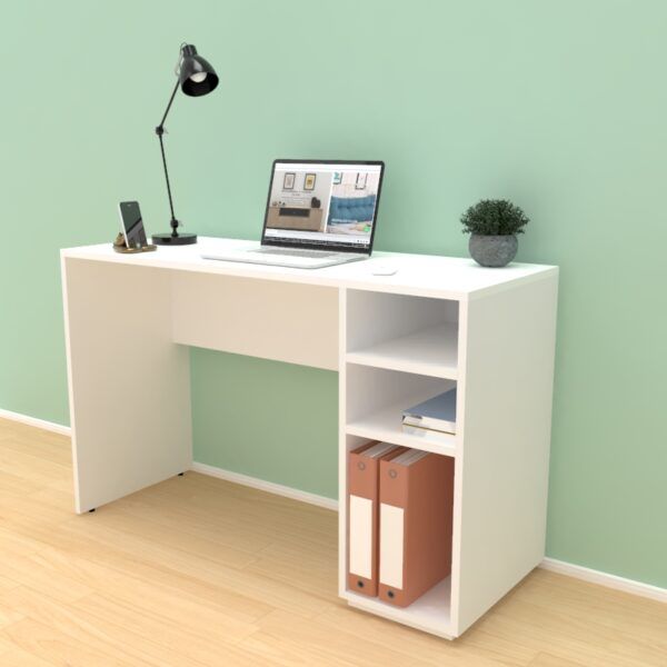 White study desk with three open storage cubbies