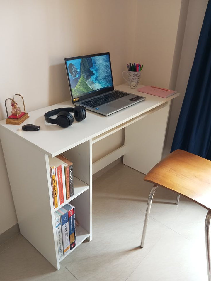 White study table with side book shelves and spacious desktop