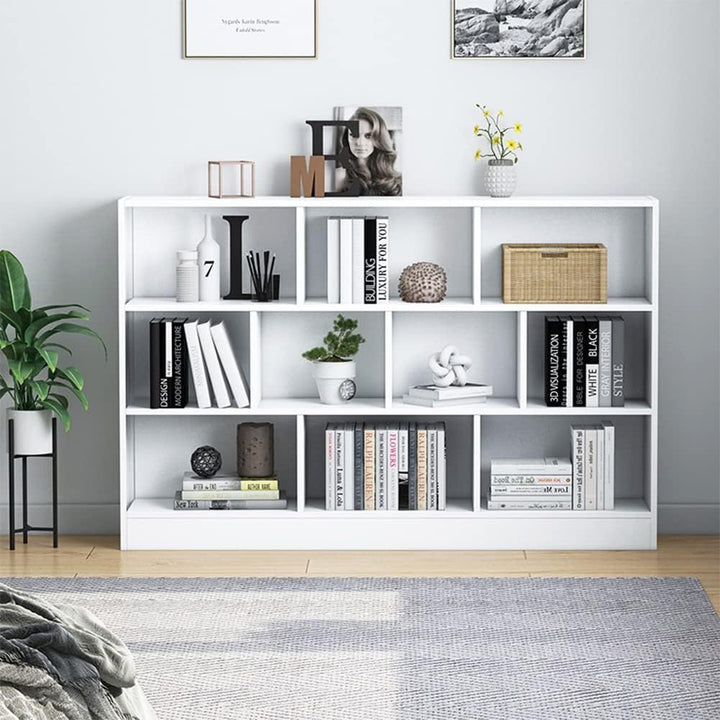 Modern Open Shelf Bookcase with Geometric Storage Design.
