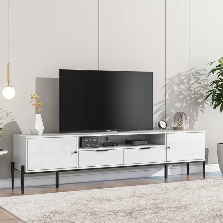 Textured White TV Stand with Black Metal Legs
