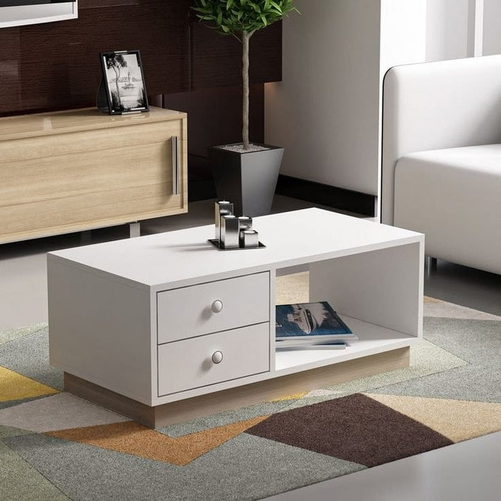 White Coffee Table with 2 Drawers & Open Cubby