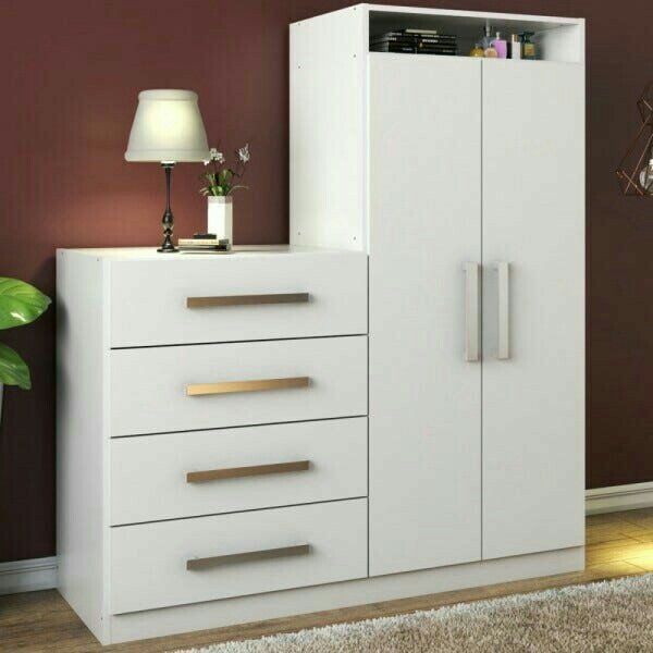 Modern White Wardrobe with 4-Drawer Chest – Bedroom Storage Set