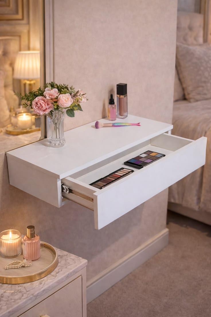 Premium White Floating Vanity Shelf with Metal Slide Rails