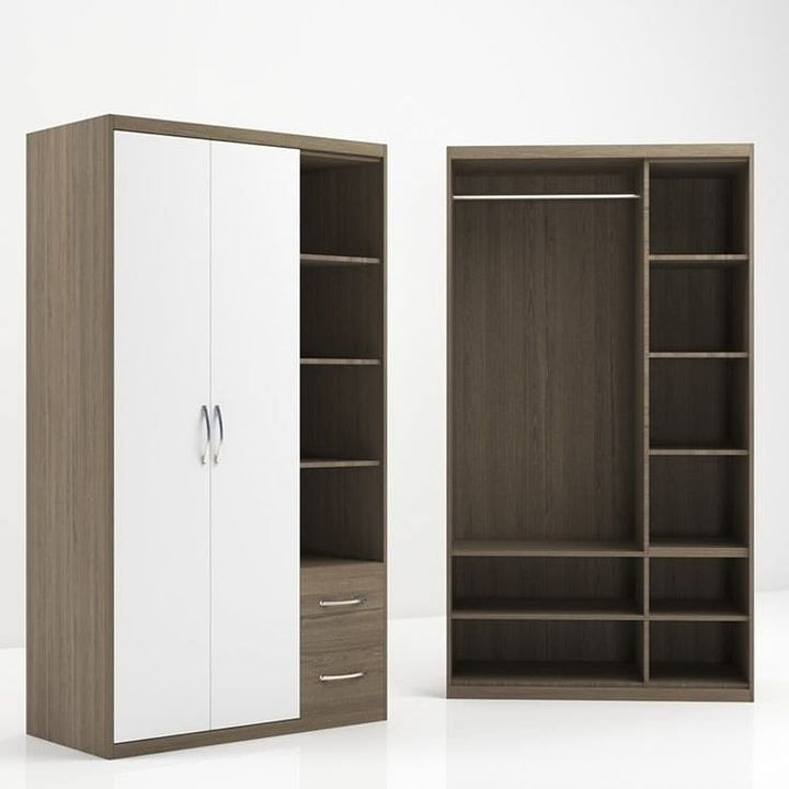 Modern White & Dark Oak Wardrobe with Shelves and 2 Drawers