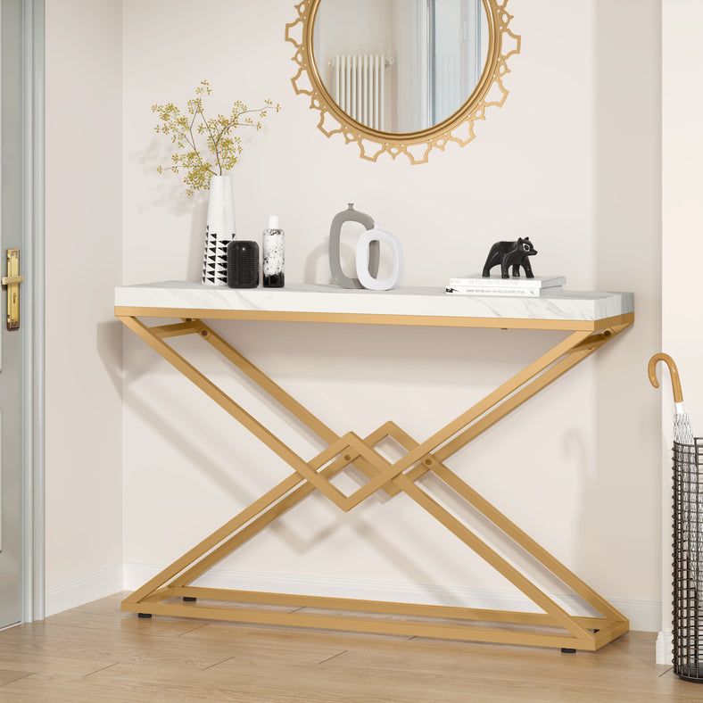 White Marble Console Table with Interlocking Gold X-Base