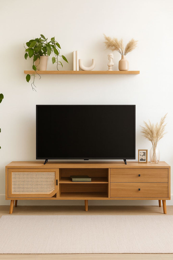Boho-Chic Wooden Media Stand with Storage Drawers
