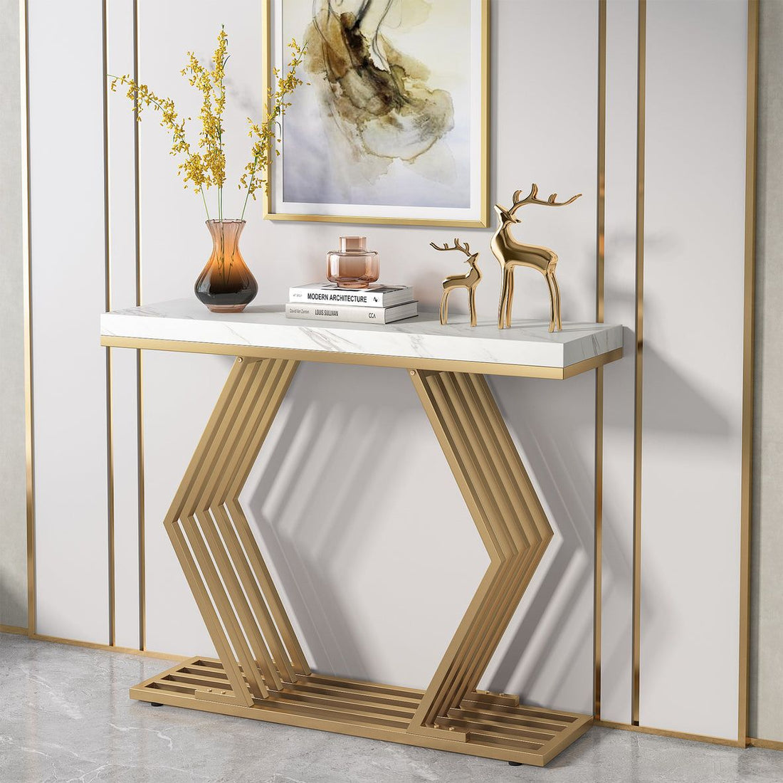 White Marble Console Table with Hexagonal Gold Spindle Base