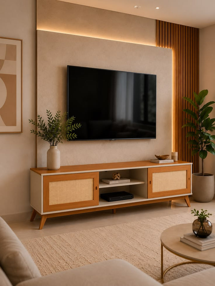 Contemporary Rattan-Panel Media Storage Unit for Living Room