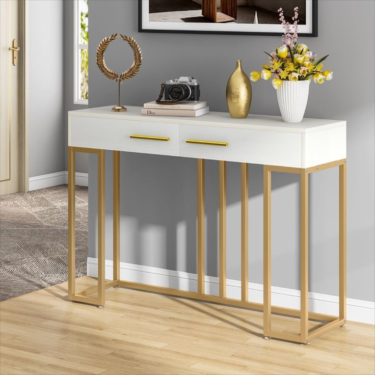 White & Gold Hallway Table with Drawers