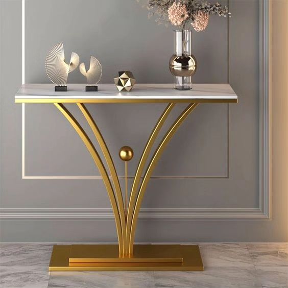 White Marble Console Table with Gold Y-Shaped Pedestal Base