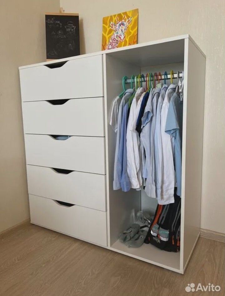 White Wardrobe with 5 Drawers – Modern Open Closet & Storage Cabinet